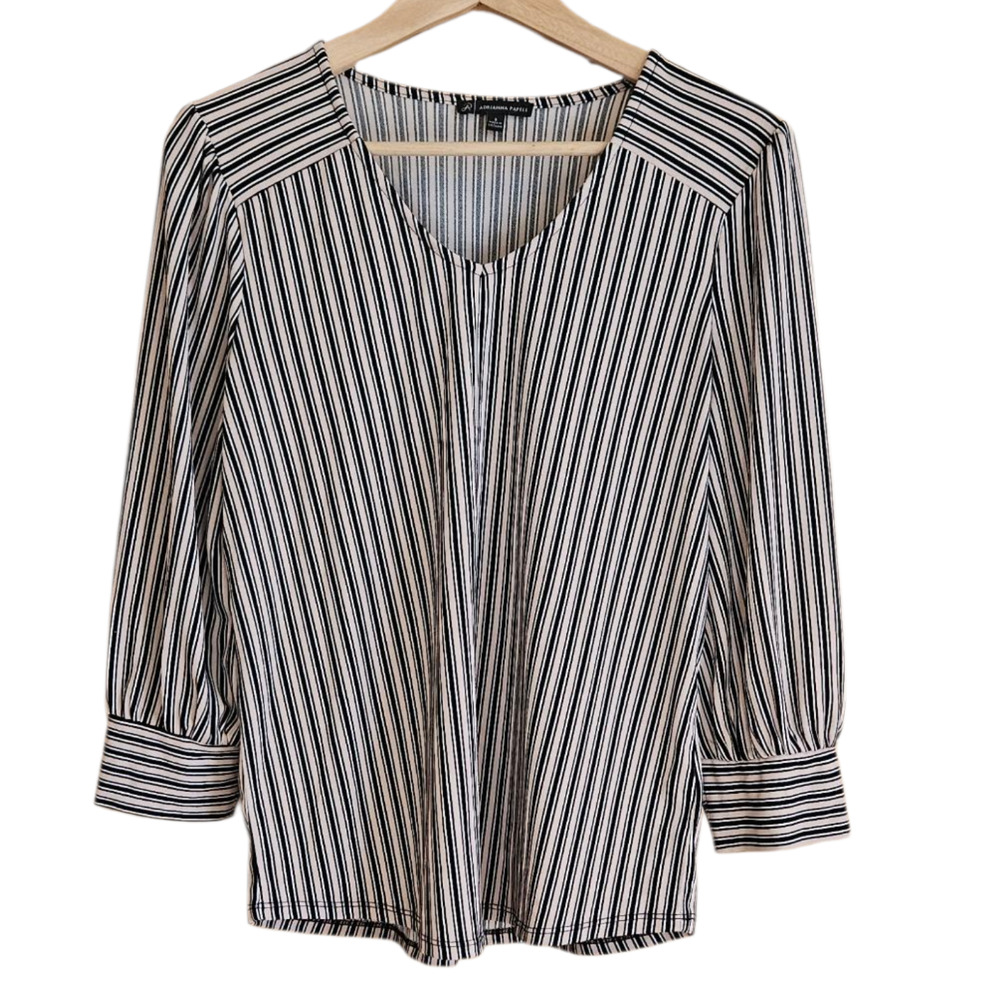 Adrianna Papell Blouse VNeck Stripes Tan Black Women's Size Small